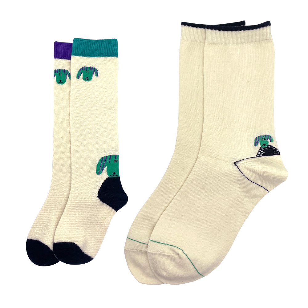 Family Socks - Green Dog (Ivory)